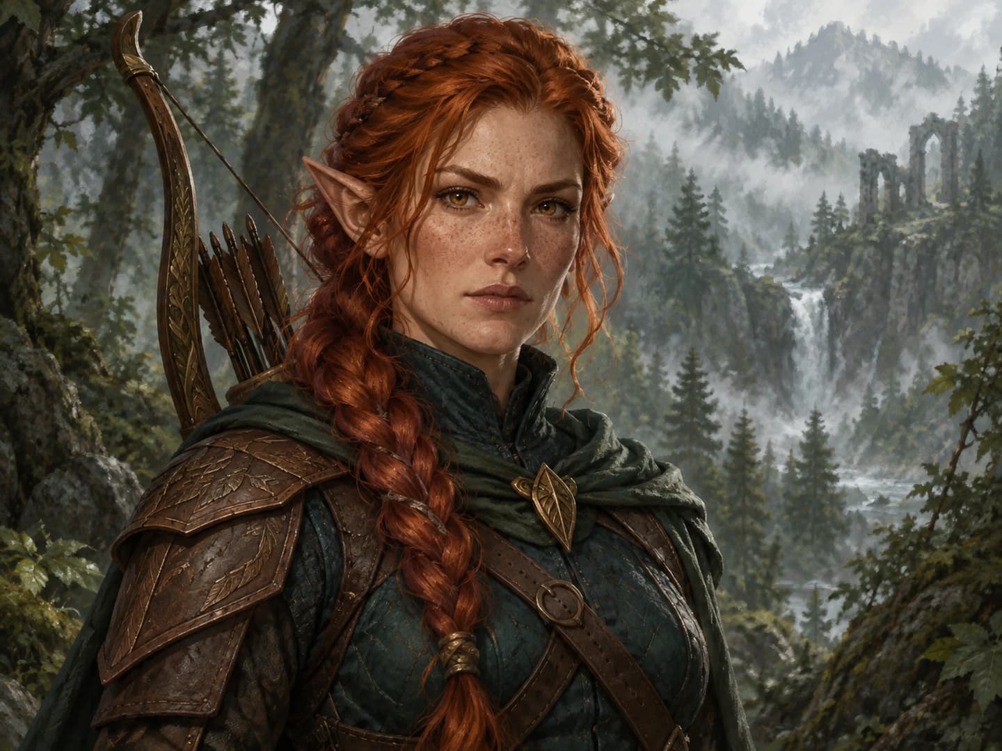 Original red-haired female elf ranger in leather armor in a misty forest