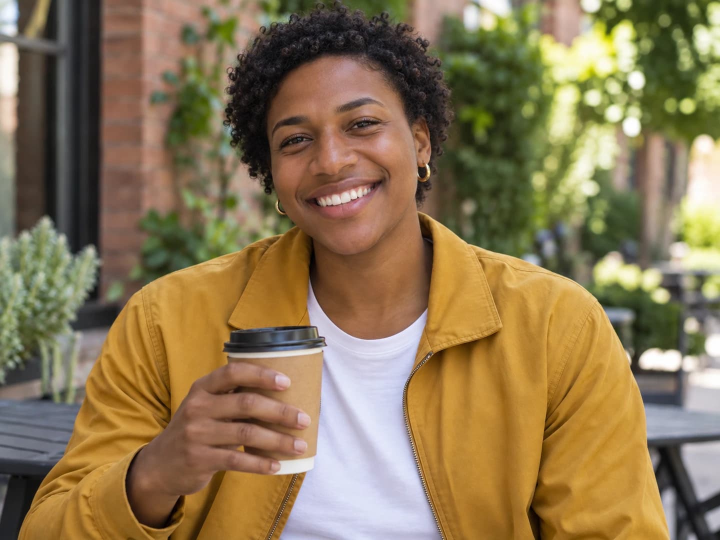 Feminine version of the same person, smiling with the same coffee and yellow jacket
