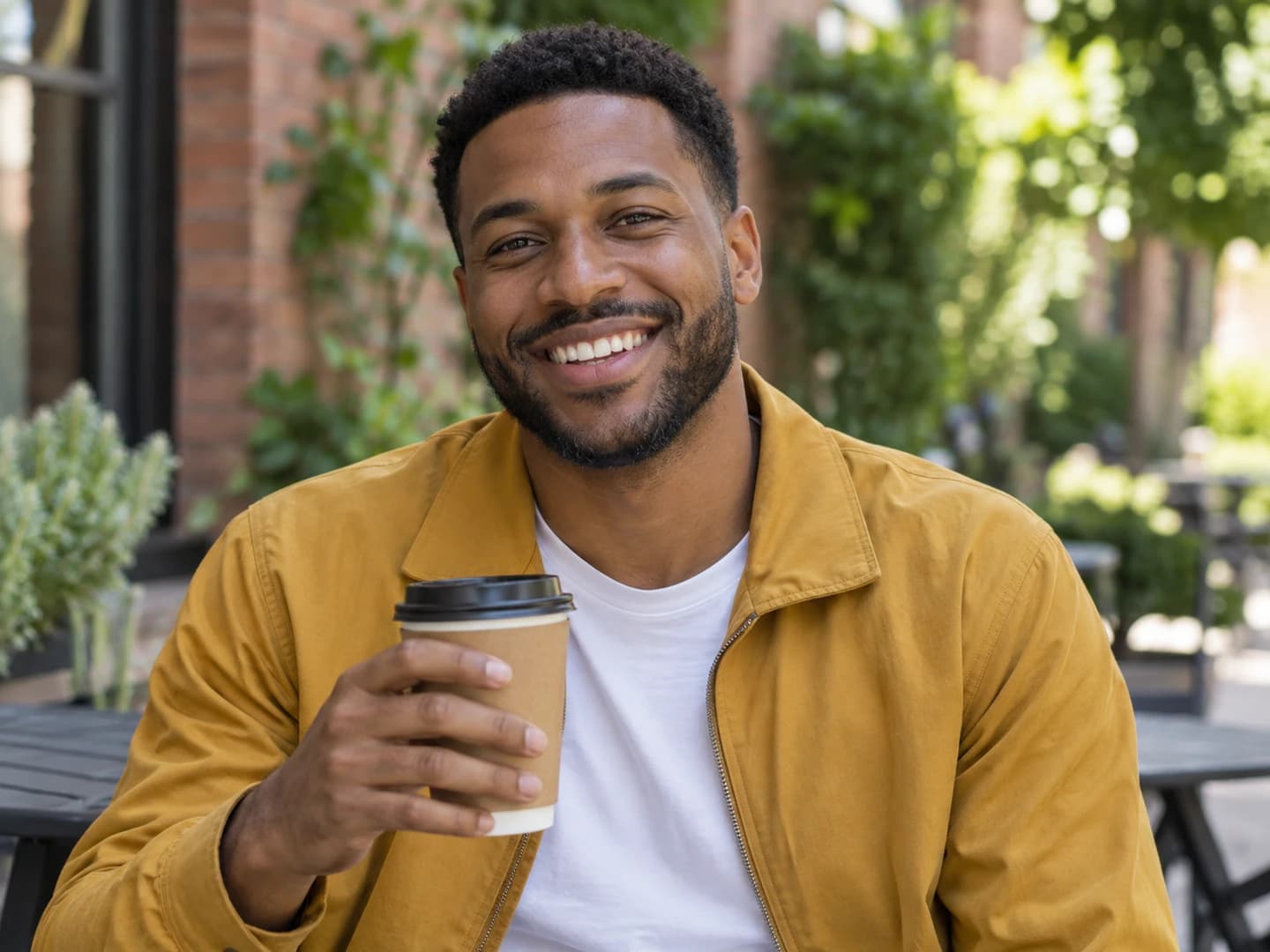Man in a yellow jacket smiling with a coffee at an outdoor cafe