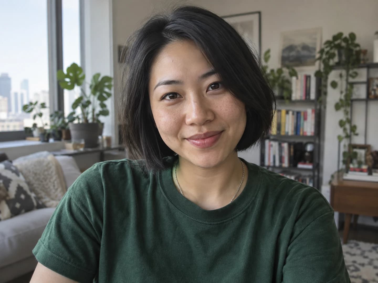 Woman in a green T-shirt taking a natural-light apartment selfie